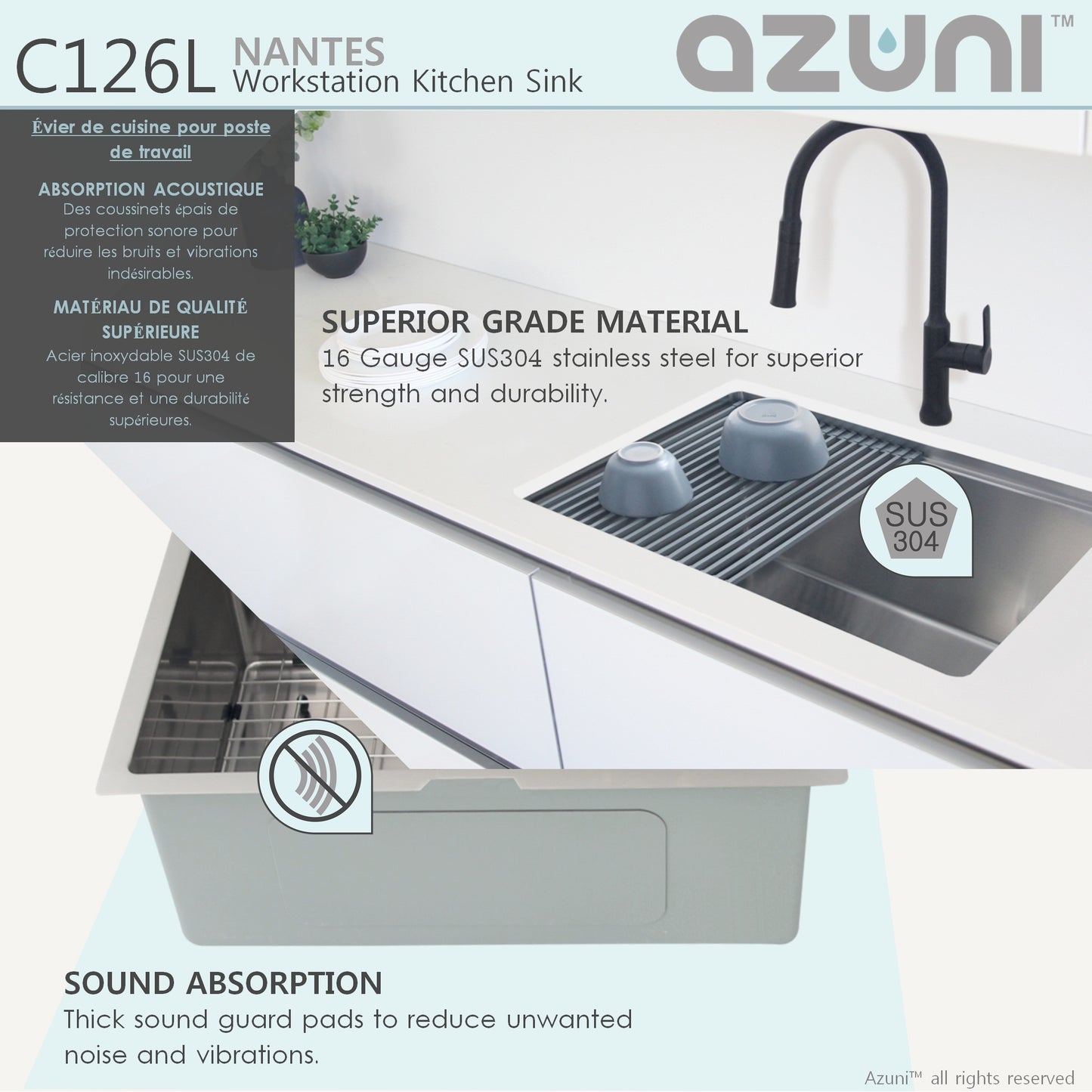 Azuni 25" Workstation Stainless Steel Undermount Sink