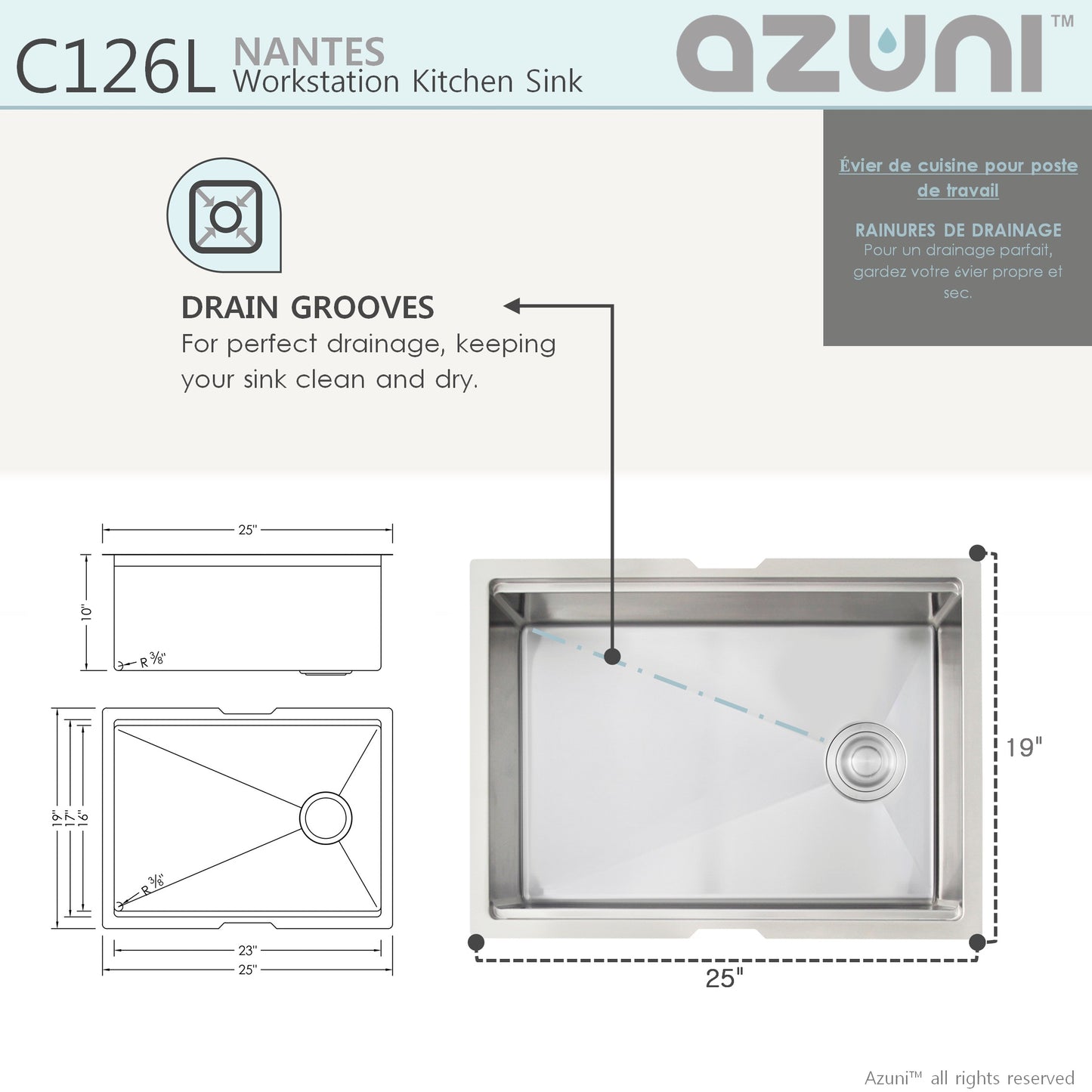 Azuni 25" Workstation Stainless Steel Undermount Sink