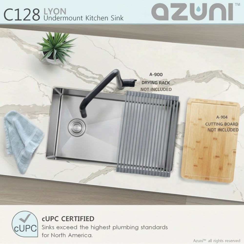 Azuni C128 Lyon undermount kitchen sink with drying rack and cutting board on a marble countertop.