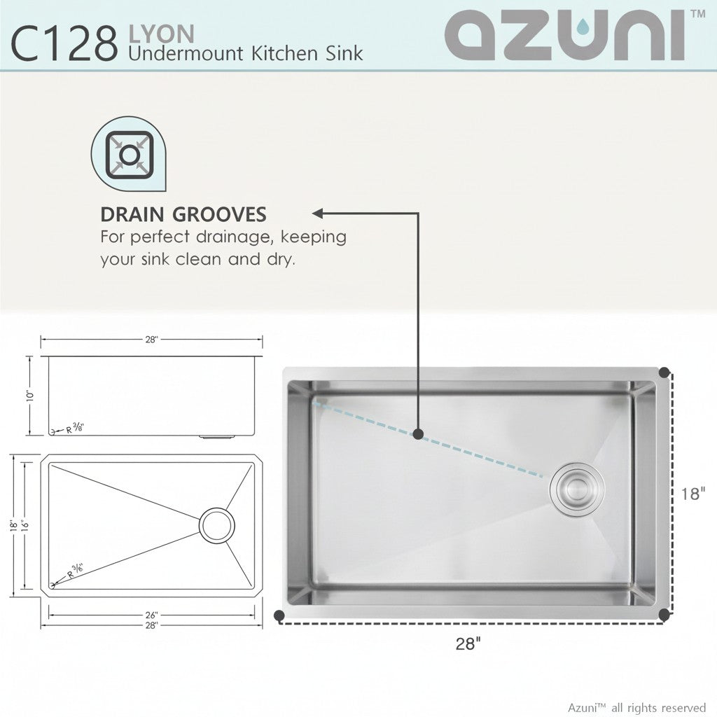 Stylish Azuni 28" Stainless Steel Undermount Kitchen Sink