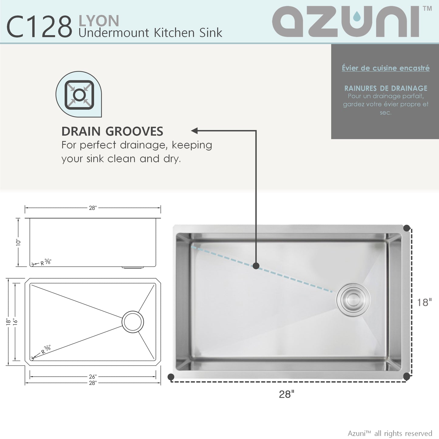 Azuni 28" Stainless Steel Undermount Kitchen Sink