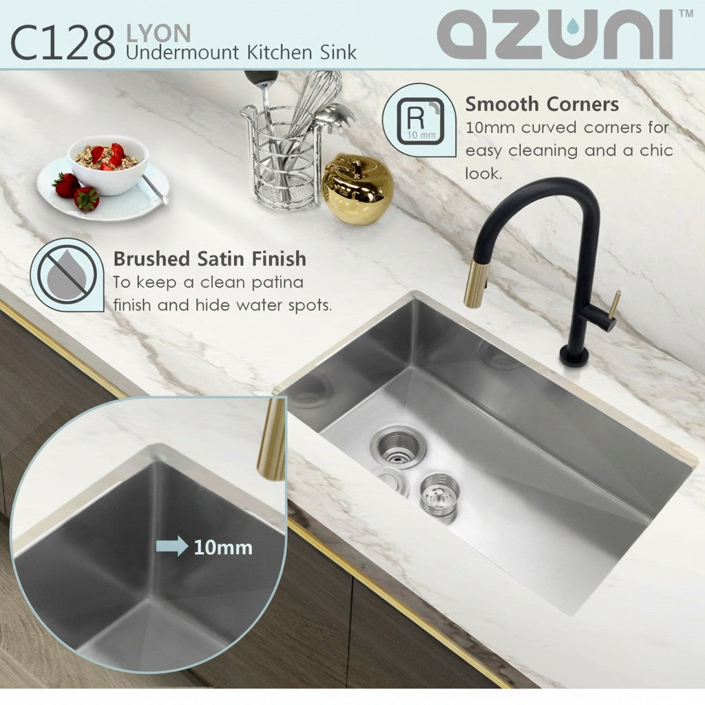 Stylish Azuni 28" Stainless Steel Undermount Kitchen Sink