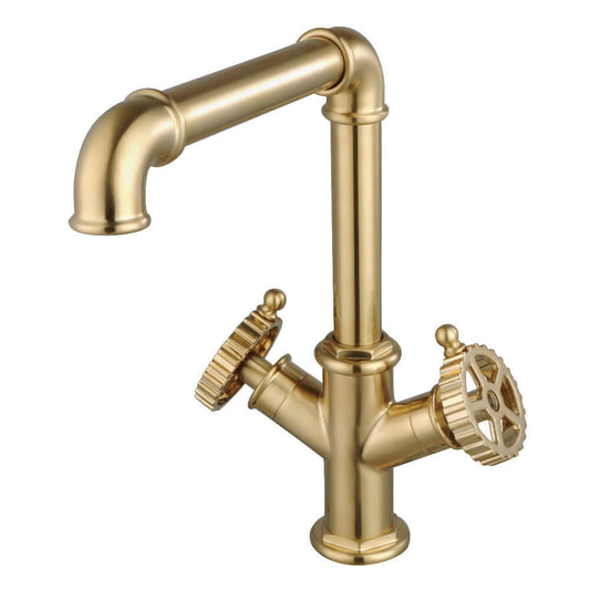 Kingston LS6503CG Fuller Two-Handle Single-Hole Kitchen Faucet, Brushed Brass with industrial pipe-style spout and gear-inspired handles.