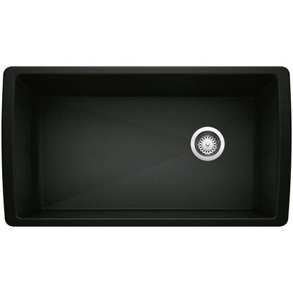 BLANCO Diamond SILGRANIT 33" Super Single Undermount Kitchen Sink in black finish with a spacious basin and drain.