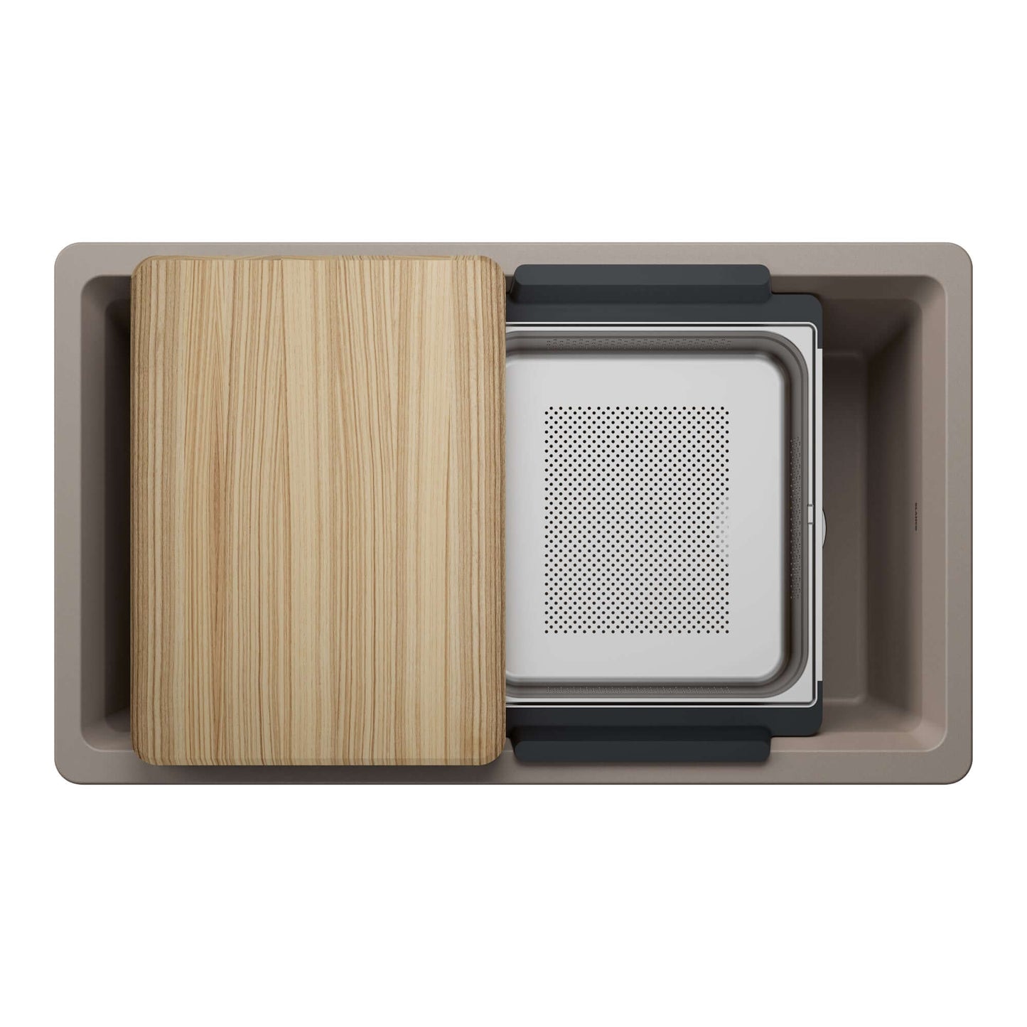 BLANCO Inteos SILGRANIT 33" Single Bowl Reversible Undermount Workstation Kitchen Sink with wood cutting board and colander.