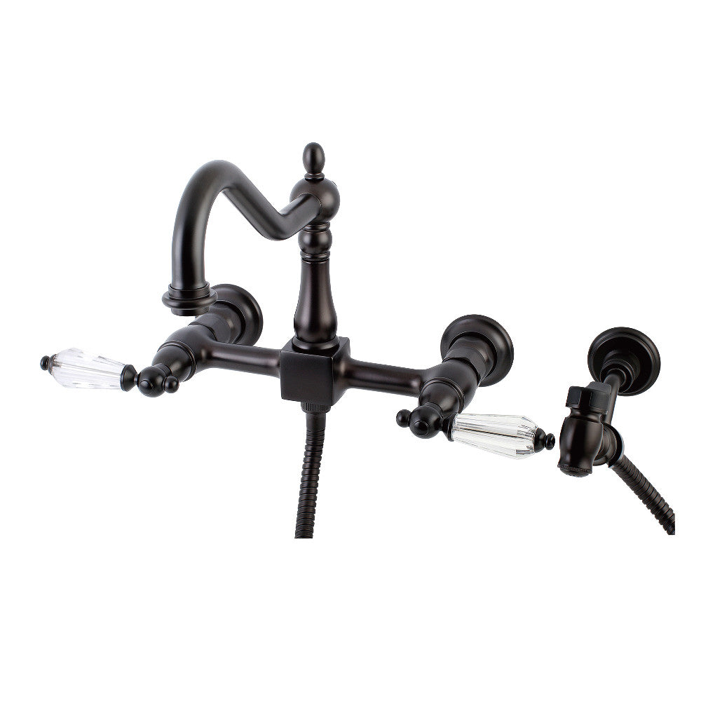 Kingston KS1243WLLBS Wilshire Two-Handle Wall Mount Bridge Kitchen Faucet with Brass Sprayer, Antique Brass