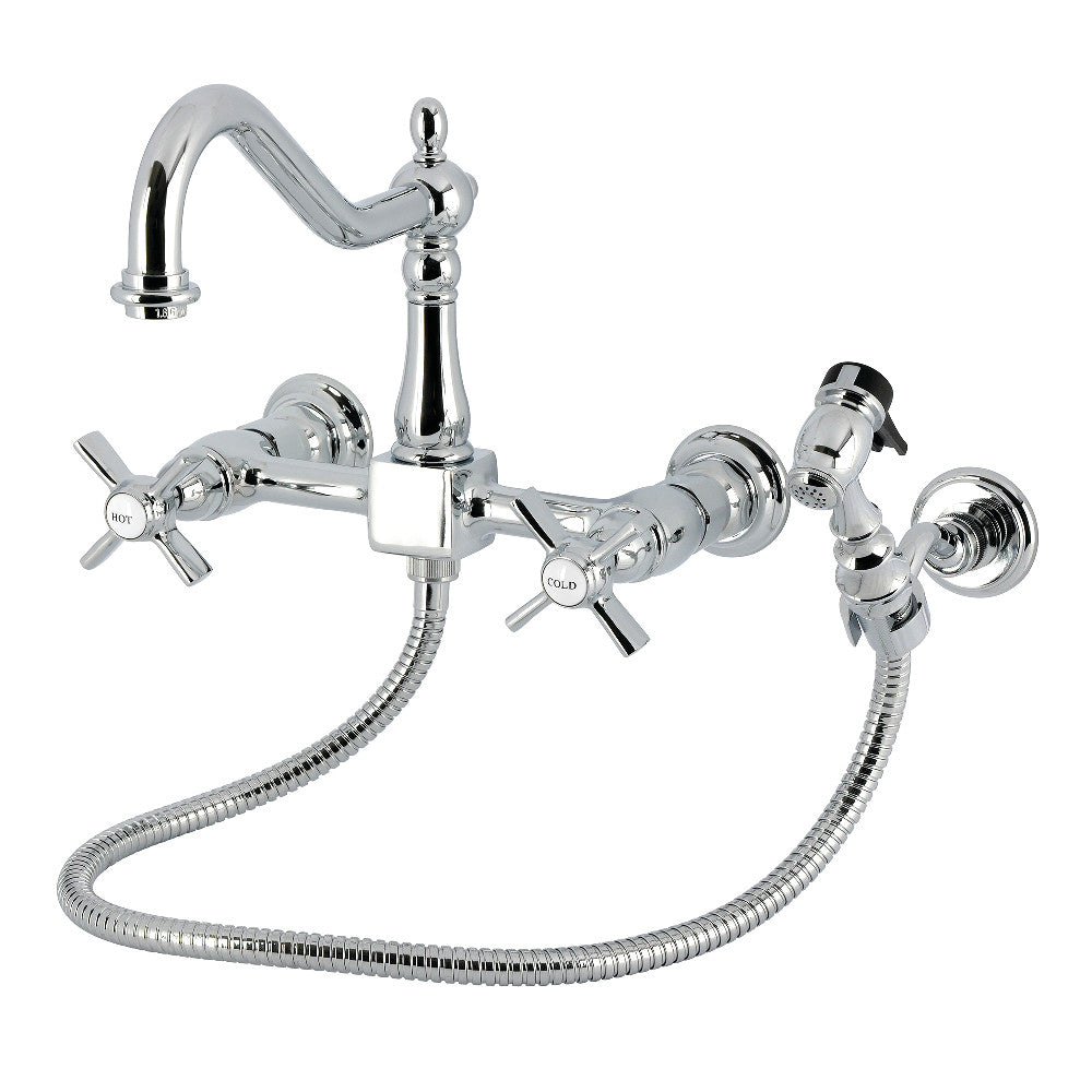 Kingston KS1243ZXBS Millennium Two-Handle Wall Mount Bridge Kitchen Faucet with Brass Sprayer, Antique Brass