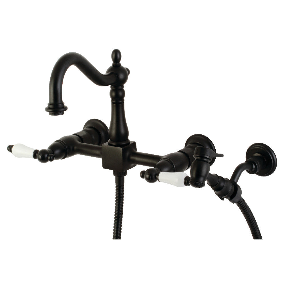 Kingston KS1263PLBS Heritage Two-Handle Wall Mount Bridge Kitchen Faucet with Brass Sprayer, Antique Brass in matte black finish.
