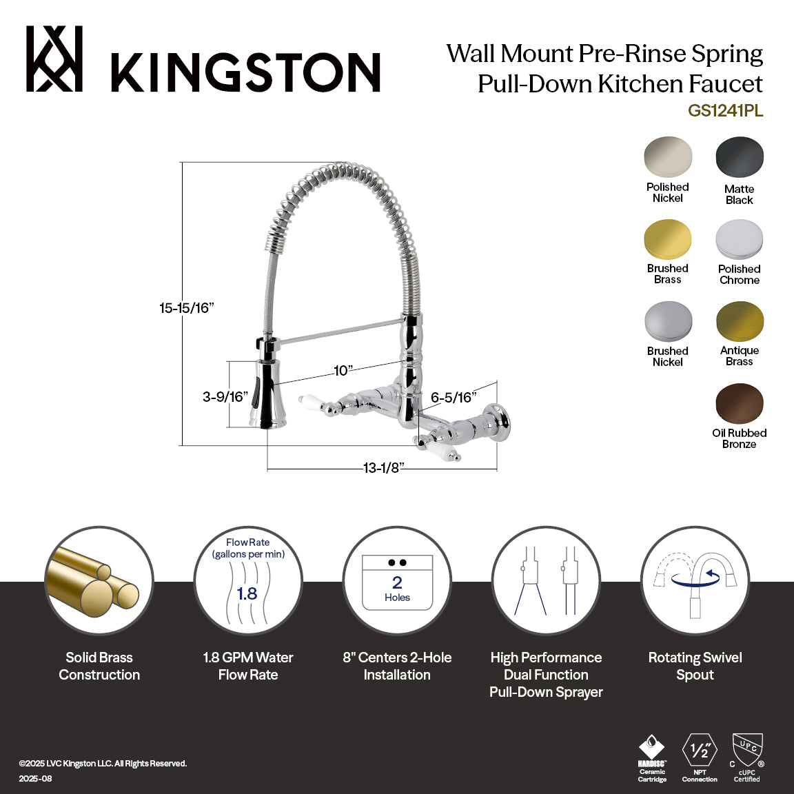 Gourmetier GS1243PL Heritage Double-Handle Wall-Mount Pre-Rinse Bridge Kitchen Faucet, Antique Brass dimensions and features.