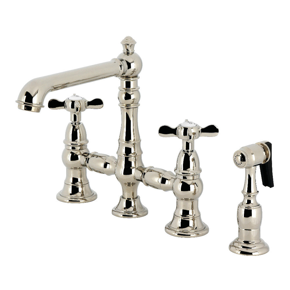 Kingston KS7277BEXBS Essex Bridge Kitchen Faucet with Brass Sprayer, Brushed Brass in polished nickel finish
