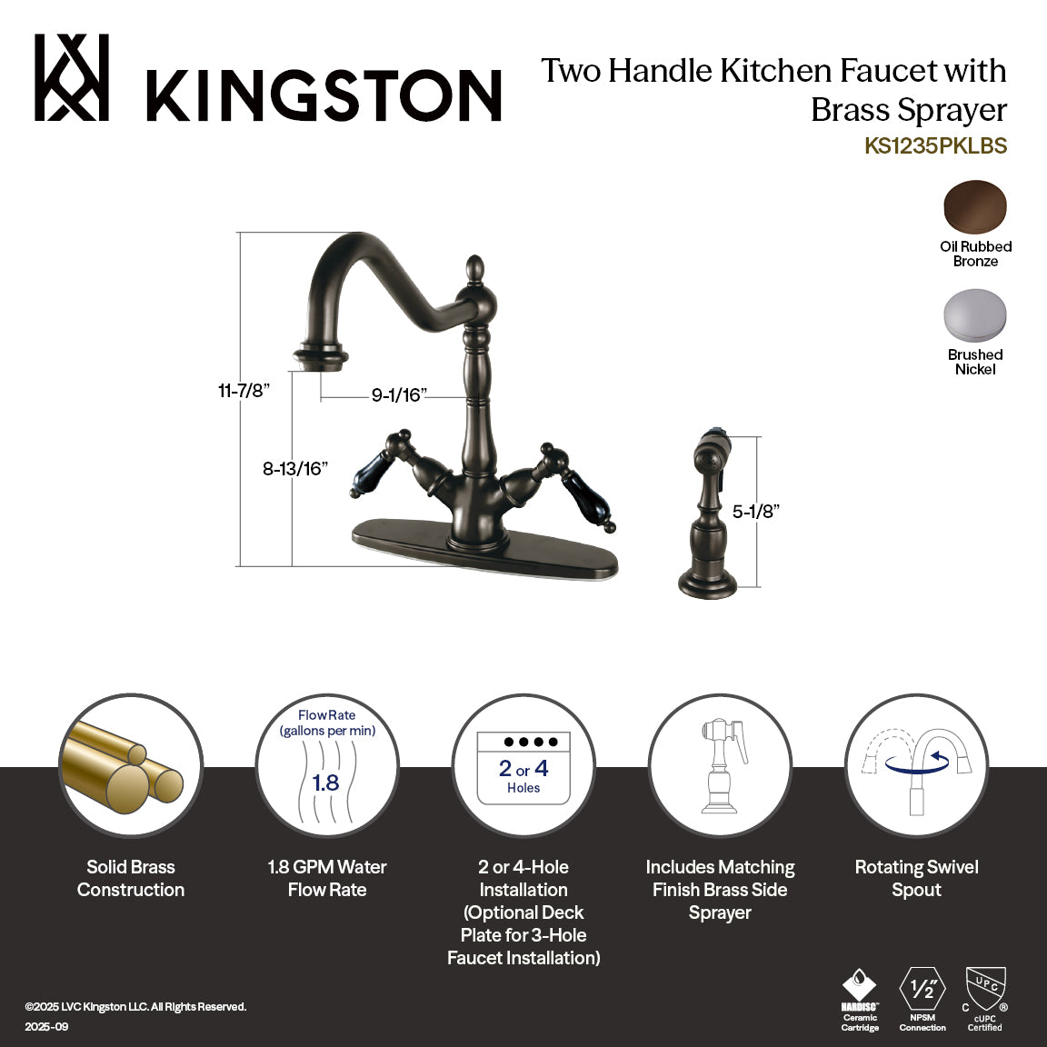 Kingston KS1238PKLBS Duchess Two-Handle Kitchen Faucet with Brass Sprayer, Brushed Nickel with black porcelain handles