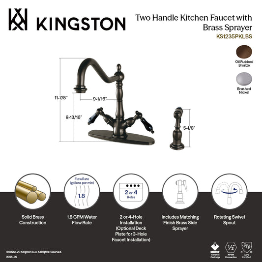 Kingston KS1238PKLBS Duchess Two-Handle Kitchen Faucet with Brass Sprayer, Brushed Nickel with black porcelain handles