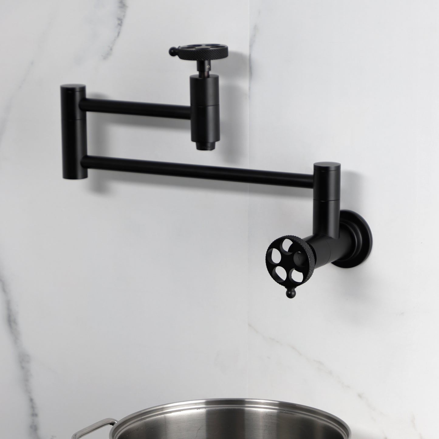 Kingston Brass KS8103RKX Webb Wall Mount Pot Filler Faucet with Knurled Handle, Antique Brass