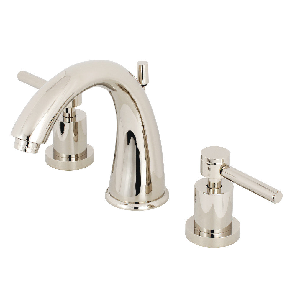 Kingston Brass KS2967DL Concord Widespread Bathroom Faucet polished nickel angled front view showing spout and lever handles.
