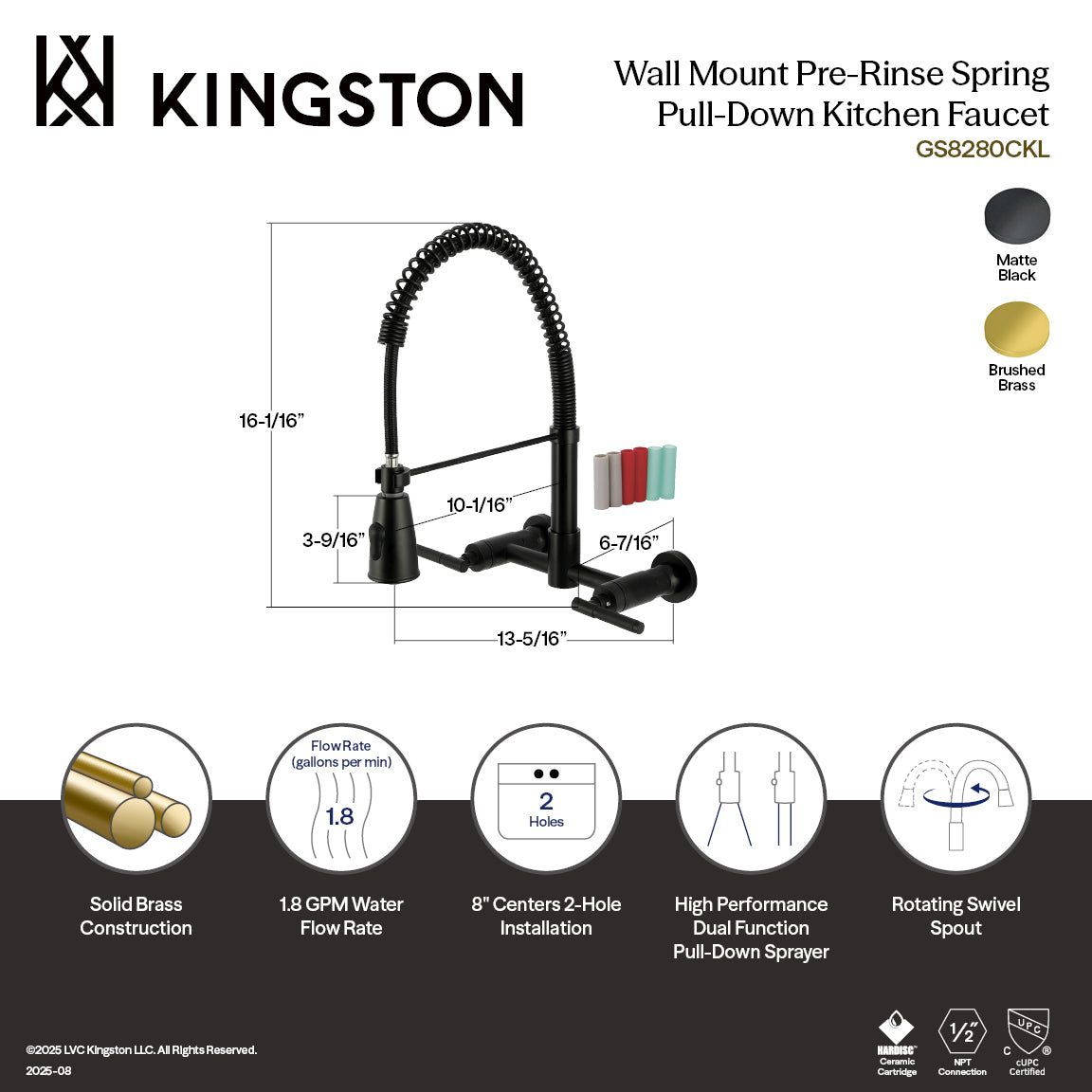 Kingston Brass GS8287CKL Kaiser Double-Handle Wall-Mount Pre-Rinse Bridge Kitchen Faucet, Brushed Brass features