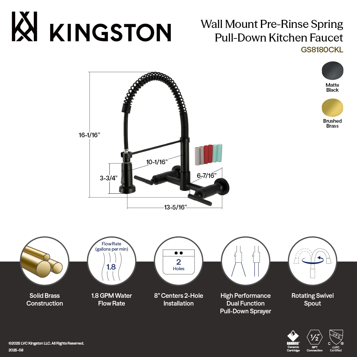 Kingston Brass GS8187CKL Kaiser Double-Handle Wall-Mount Pre-Rinse Bridge Kitchen Faucet, Brushed Brass dimensions and features.