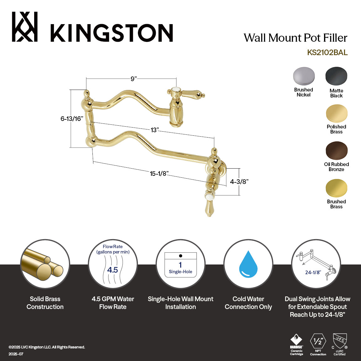 Kingston Brass KS2107BAL Heirloom Wall Mount Pot Filler Faucet, Brushed Brass - Elegant and functional design.