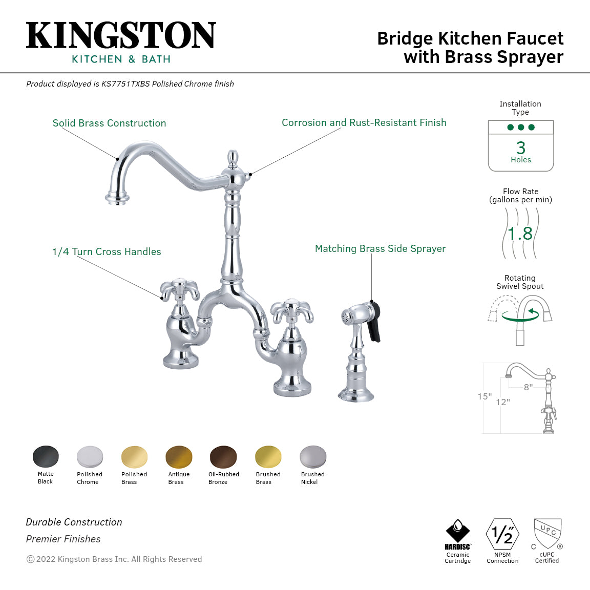 Kingston KS7753TXBS French Country Bridge Kitchen Faucet with Brass Sprayer, Antique Brass