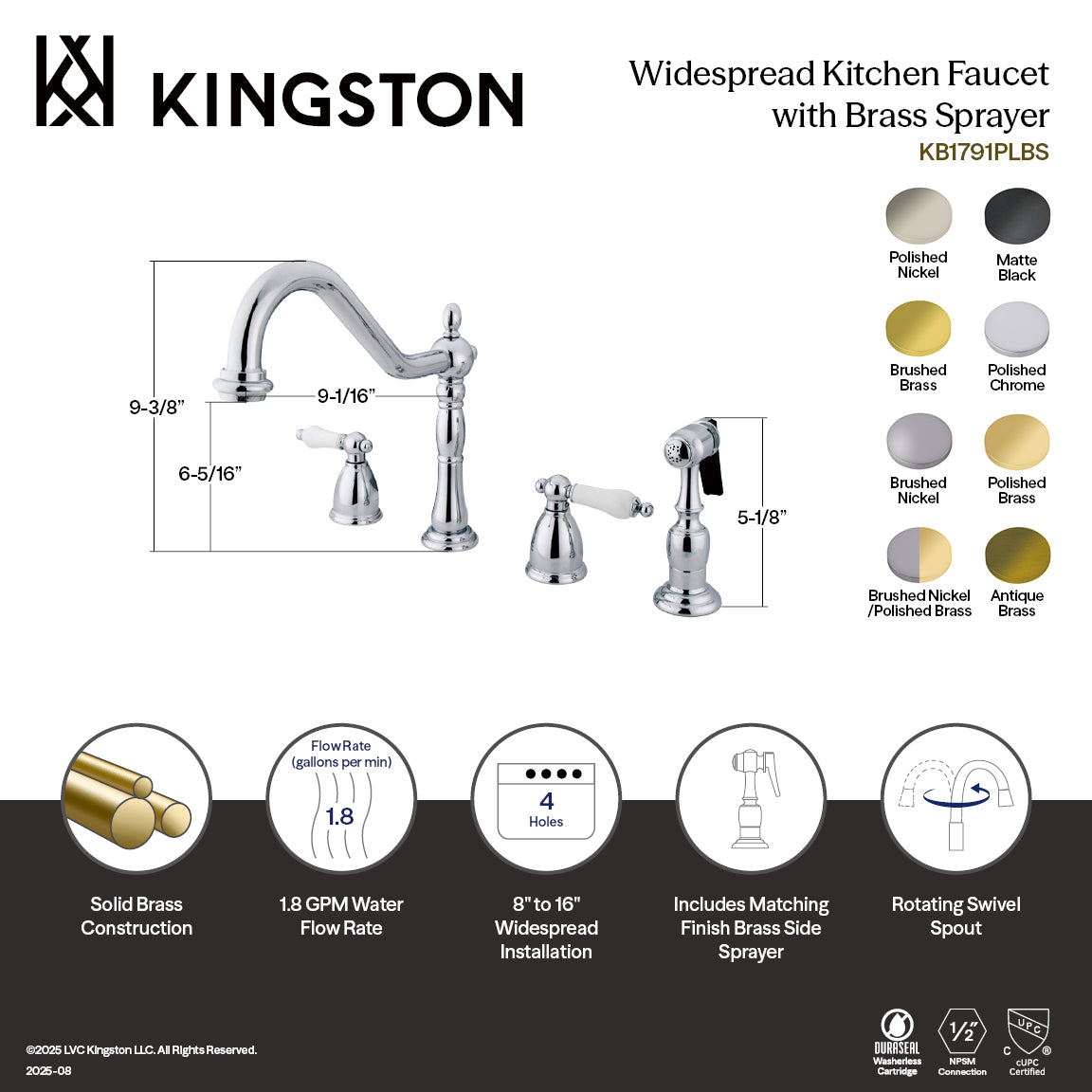 Kingston Brass KB1791PLBS Heritage Double-Handle Widespread Kitchen Faucet with Brass Sprayer, Antique Brass