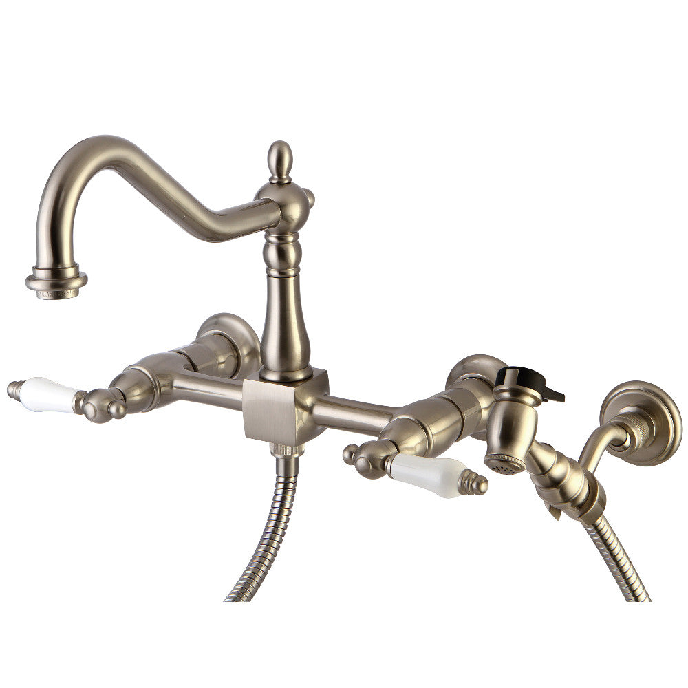 Kingston KS1243PLBS Heritage Two-Handle Wall Mount Bridge Kitchen Faucet with Brass Sprayer, Antique Brass