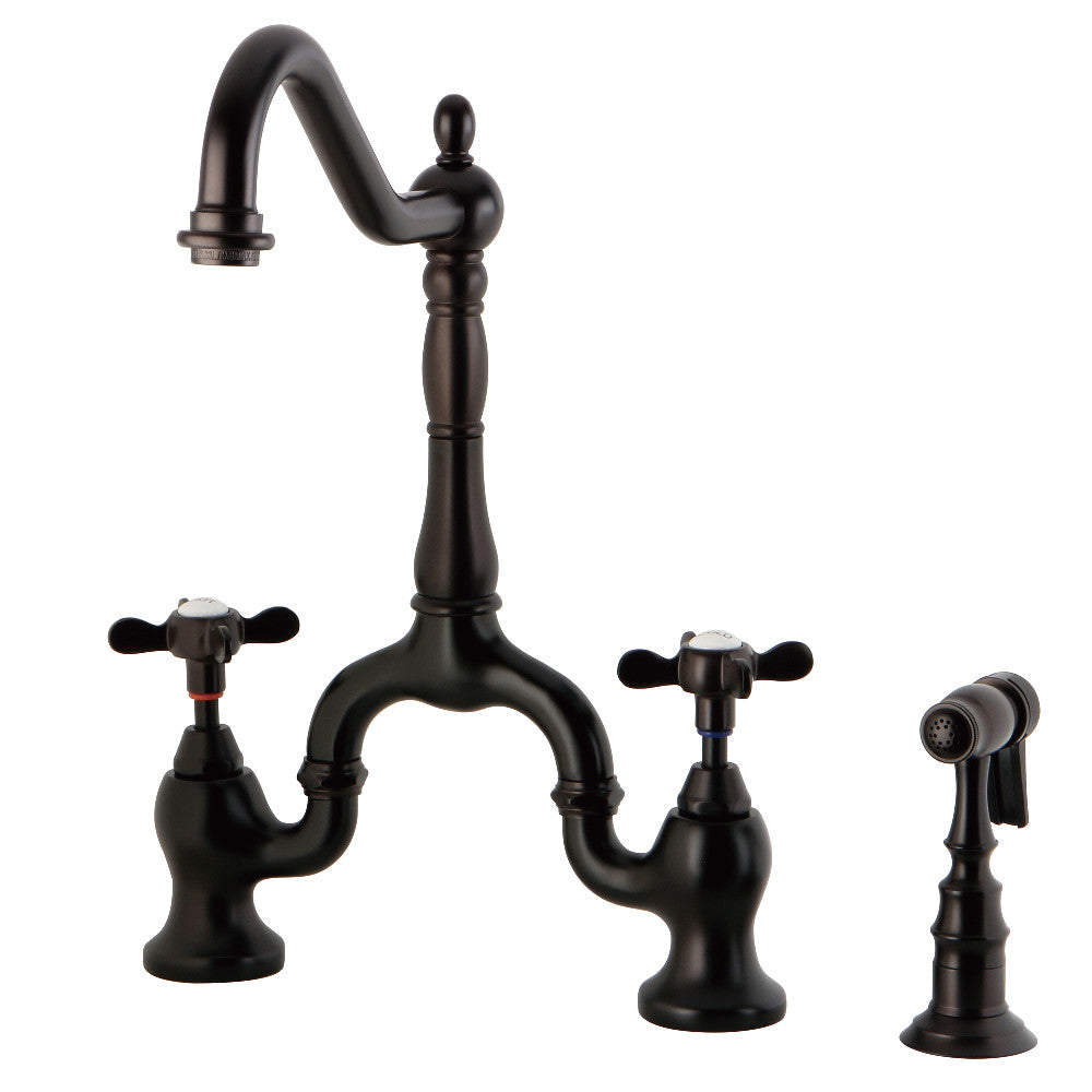 Kingston KS7758BEXBS Essex Bridge Kitchen Faucet with Brass Sprayer, Brushed Nickel in Oil Rubbed Bronze finish.
