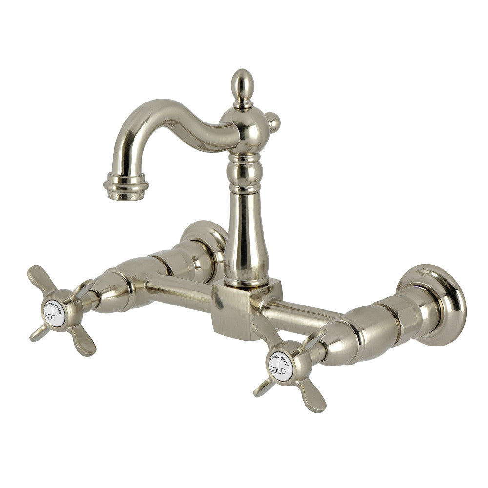 Kingston KS2443BEX Essex Two-Handle Wall Mount Bridge Kitchen Faucet, Antique Brass in brushed nickel finish.