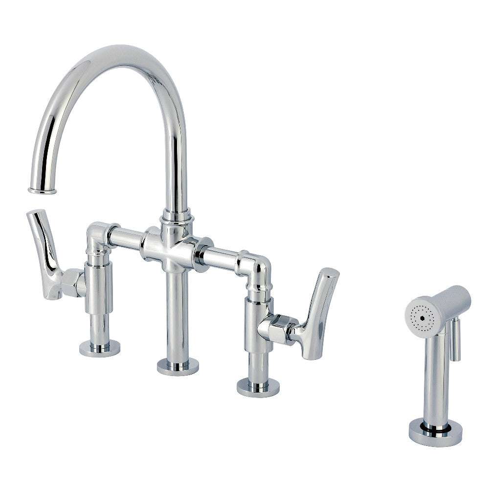 Kingston KS2333TKL Hallerbos Bridge Kitchen Faucet with Brass Sprayer, Antique Brass finish and side sprayer.