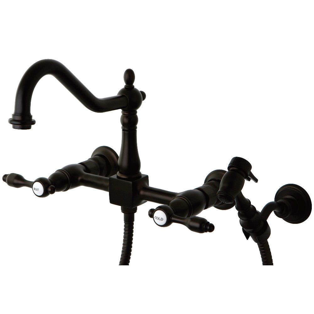 Kingston KS1248TALBS Tudor Two-Handle Wall Mount Bridge Kitchen Faucet with Brass Sprayer, Brushed Nickel in Oil Rubbed Bronze finish