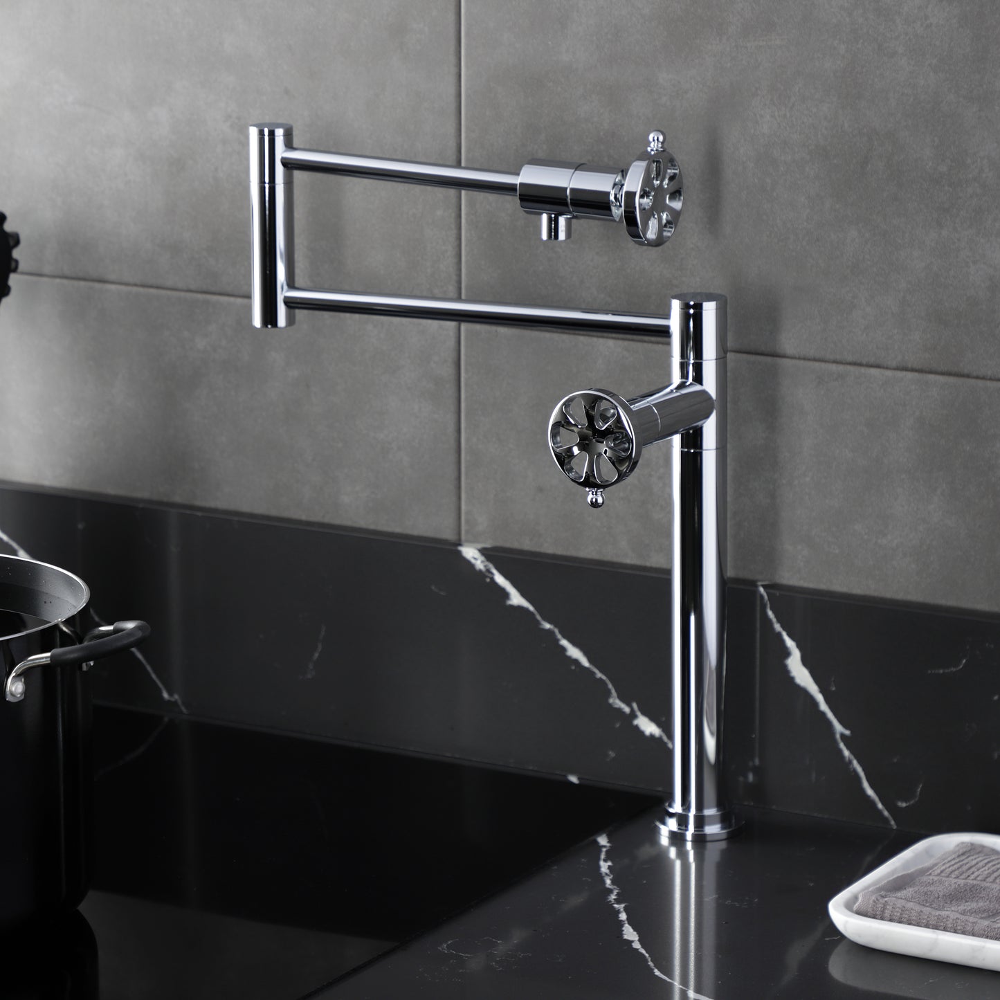 Kingston Brass KS4708RX Belknap Deck Mount Pot Filler Faucet, Brushed Nickel.