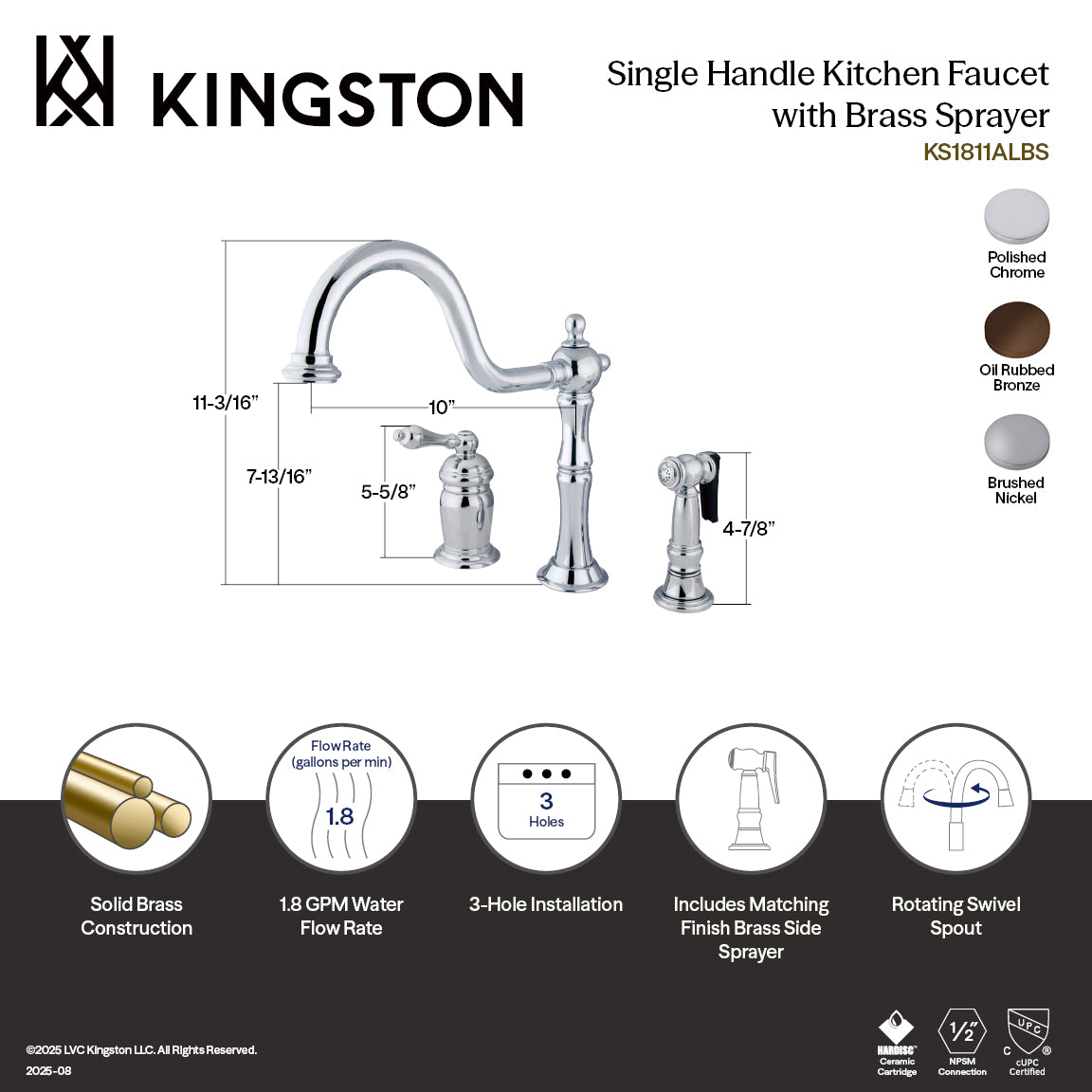 Kingston Brass KS1818ALBS Heritage Single-Handle Widespread Kitchen Faucet with Brass Sprayer, Brushed Nickel