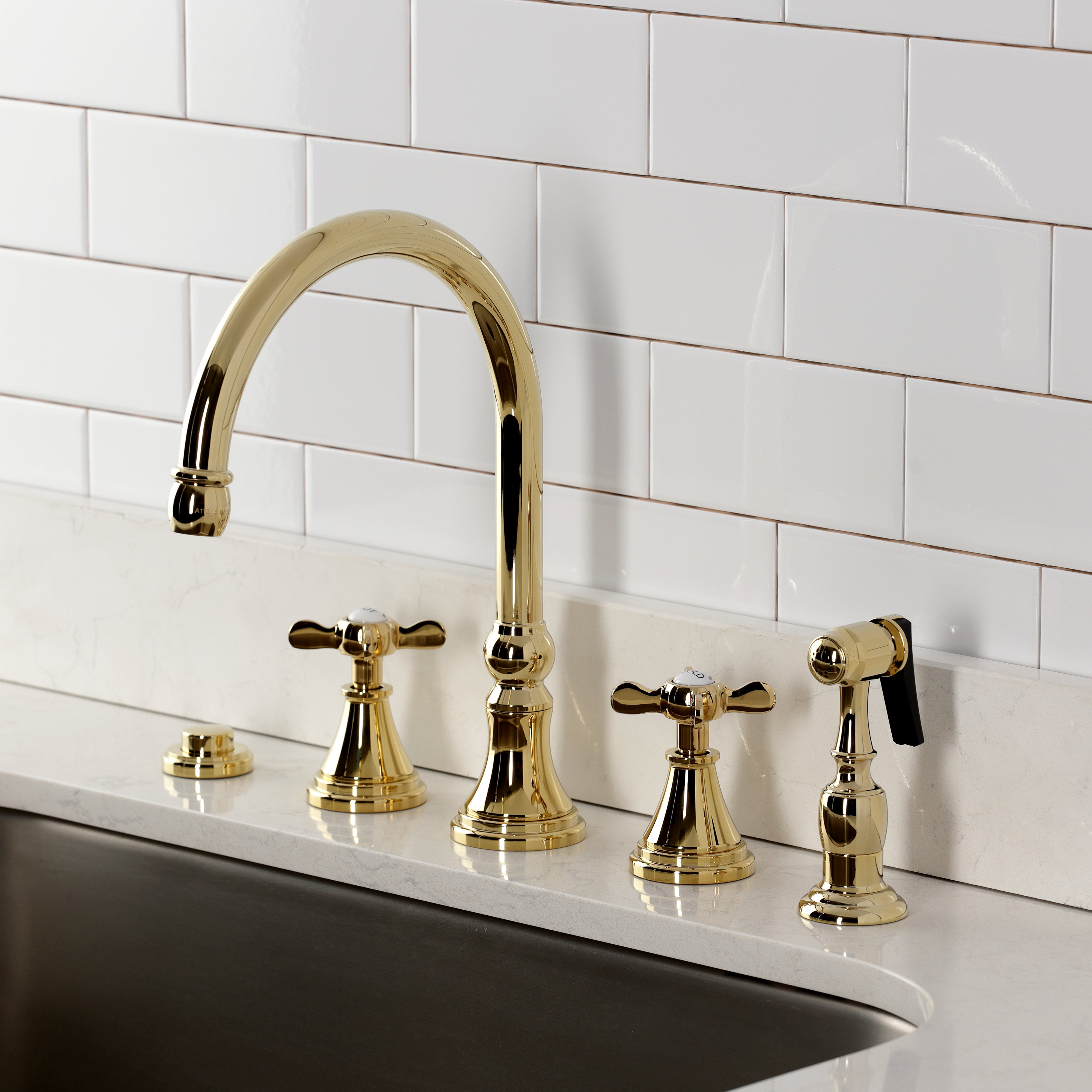 Kingston Brass KS2798BEXBS Essex Double-Handle Widespread Kitchen Faucet with Brass Sprayer, Brushed Nickel