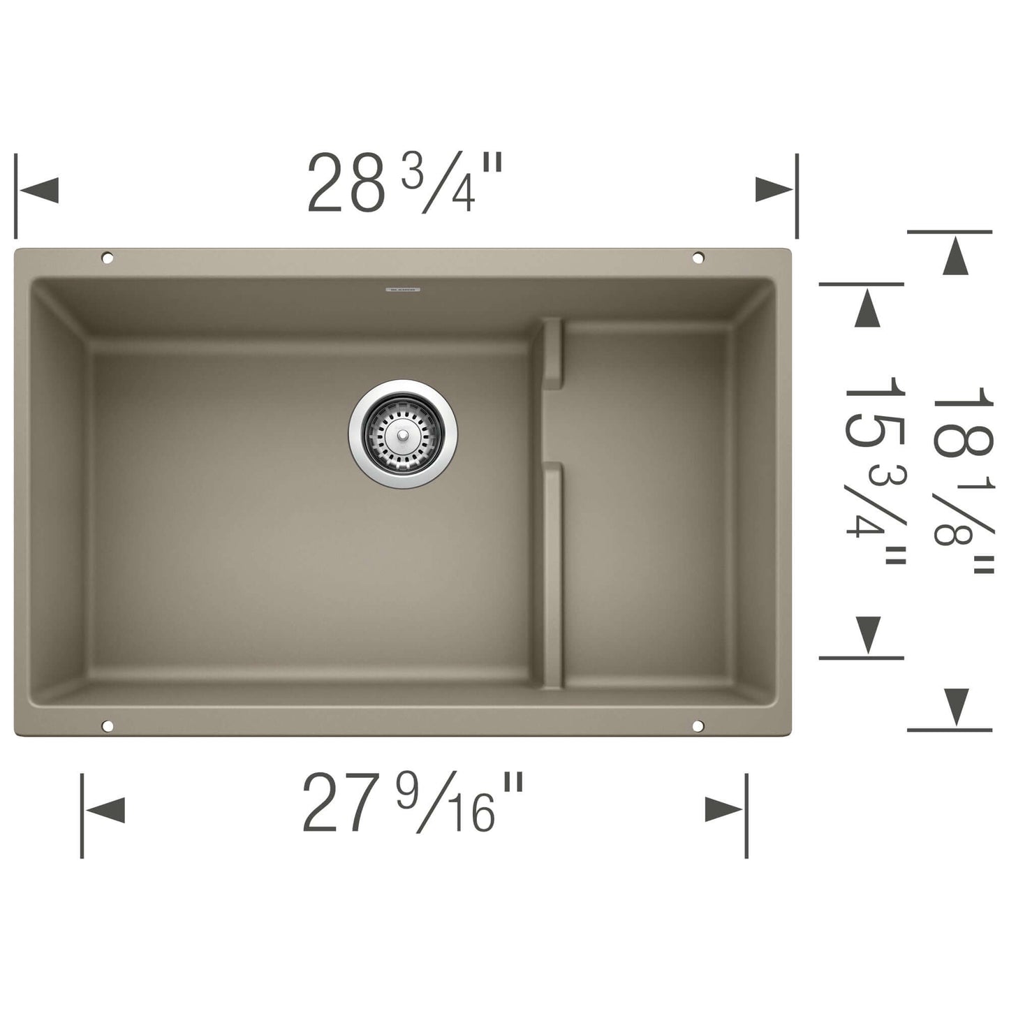 BLANCO Precis Cascade SILGRANIT 29" Single Bowl Undermount Kitchen Sink with Colander dimensions and design features.