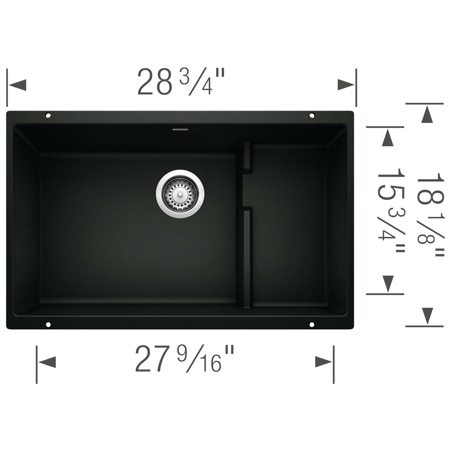 BLANCO Precis Cascade SILGRANIT 29" Single Bowl Undermount Kitchen Sink with Colander dimensions illustration.