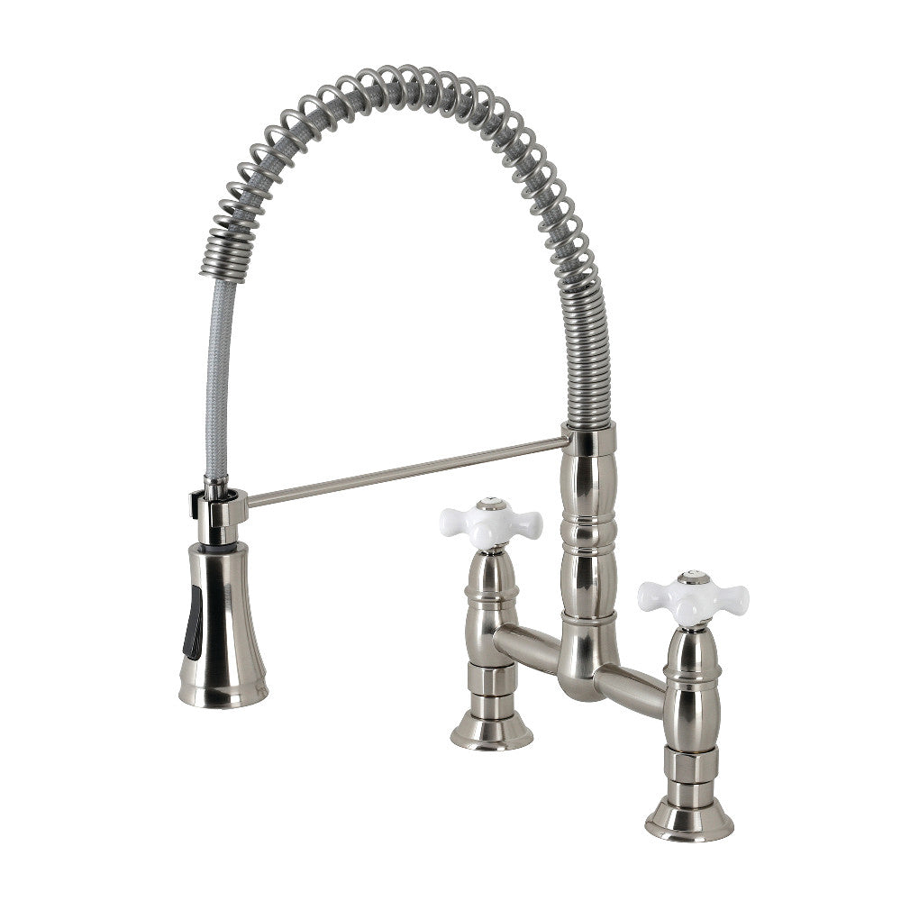 Gourmetier GS1273PX Heritage Double-Handle Deck-Mount Pre-Rinse Bridge Kitchen Faucet, Antique Brass in brushed nickel finish