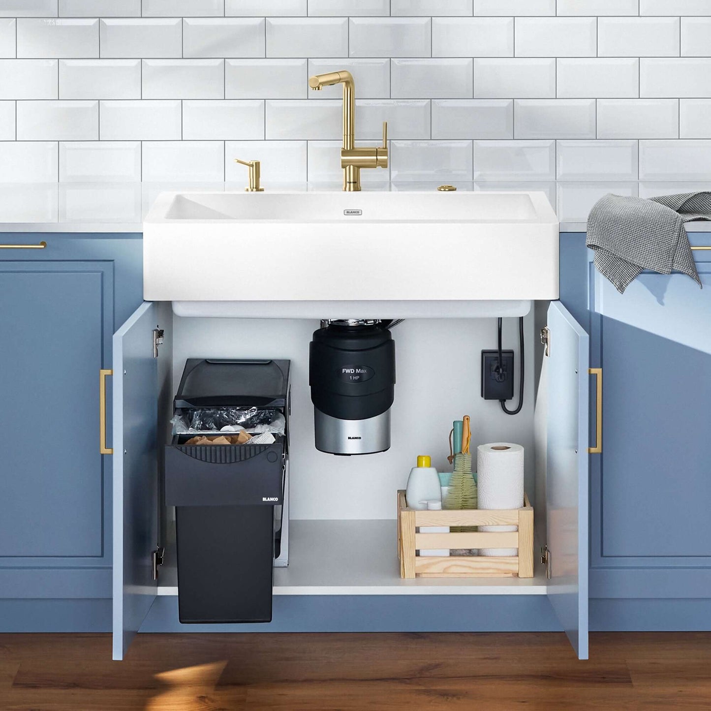 BLANCO VINTERA 30" SILGRANIT Single Bowl Farmhouse Sink under cabinet storage with garbage disposal and accessories.
