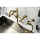 Kingston KS1263ALBS Heritage Two-Handle Wall Mount Bridge Kitchen Faucet with Brass Sprayer, Antique Brass