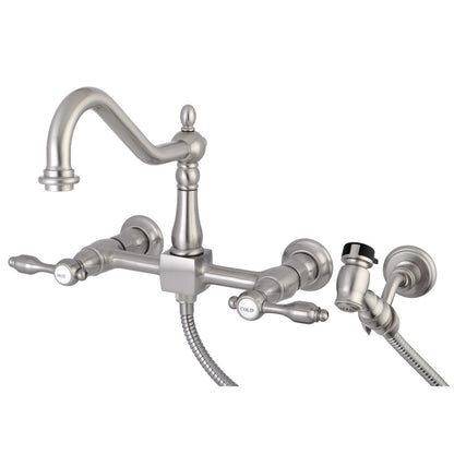 Kingston KS1248TALBS Tudor Two-Handle Wall Mount Bridge Kitchen Faucet with Brass Sprayer, Brushed Nickel