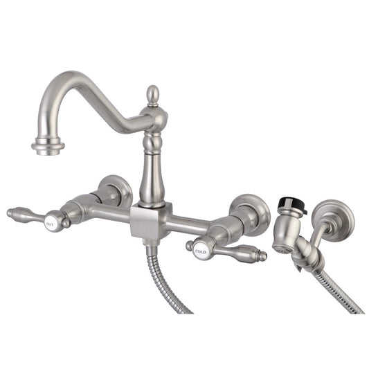Kingston KS1248TALBS Tudor Two-Handle Wall Mount Bridge Kitchen Faucet with Brass Sprayer, Brushed Nickel