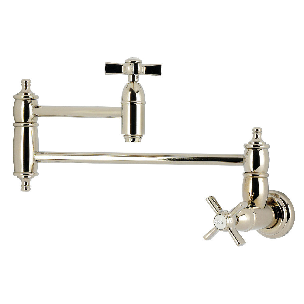 Kingston Brass KS3103ZX Millennium Wall Mount Pot Filler Faucet, Antique Brass in polished nickel finish.