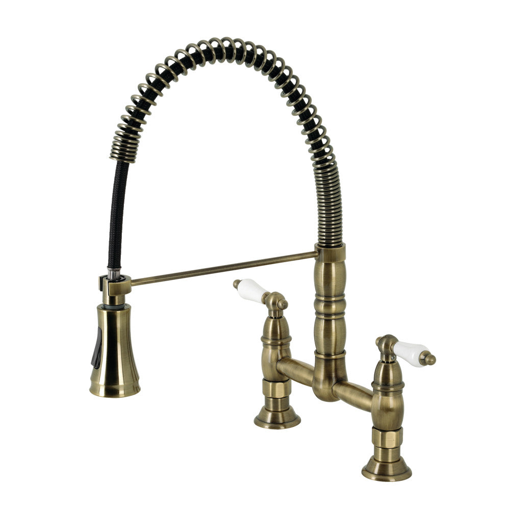 Gourmetier GS1273PL Heritage Double-Handle Deck-Mount Pre-Rinse Bridge Kitchen Faucet, Antique Brass
