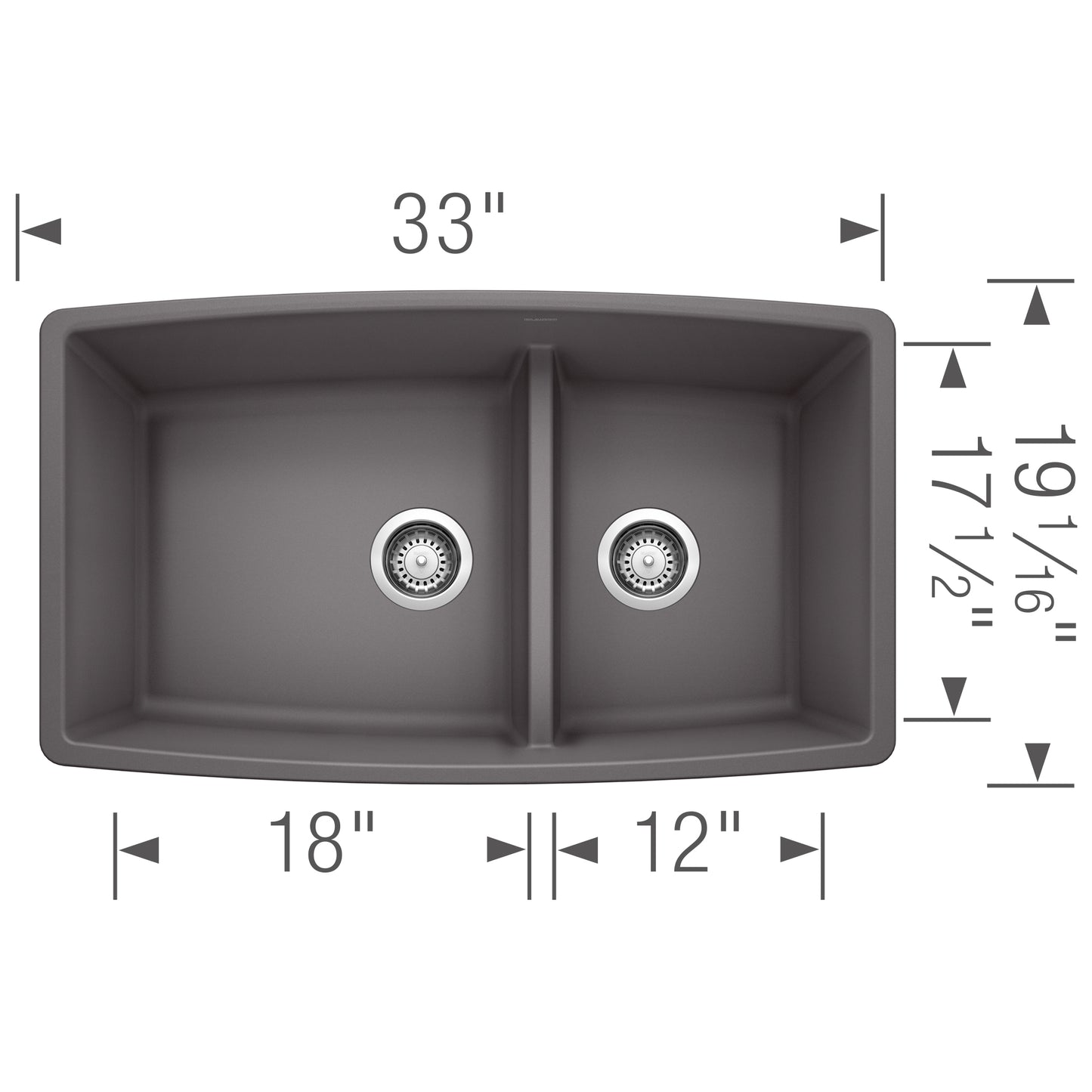 BLANCO Performa SILGRANIT 33" 60/40 Double Bowl Undermount Kitchen Sink with Low Divide dimensions diagram.