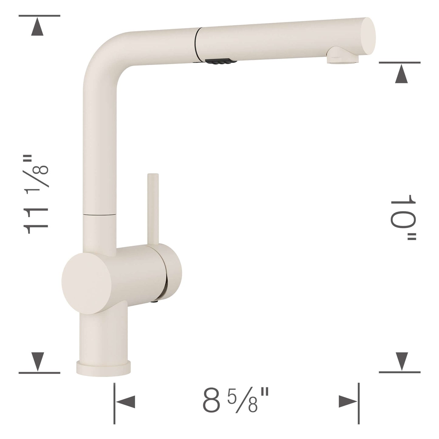 BLANCO Linus Low Arc Pull-Out Dual-Spray Kitchen Faucet Soft White, Dimensions diagram showing height and width.