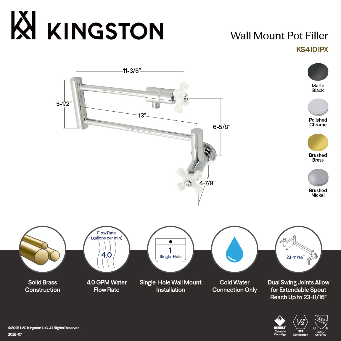 Kingston Brass KS4107PX Metropolitan Wall Mount Pot Filler Faucet, Brushed Brass with solid brass construction and extendable spout.