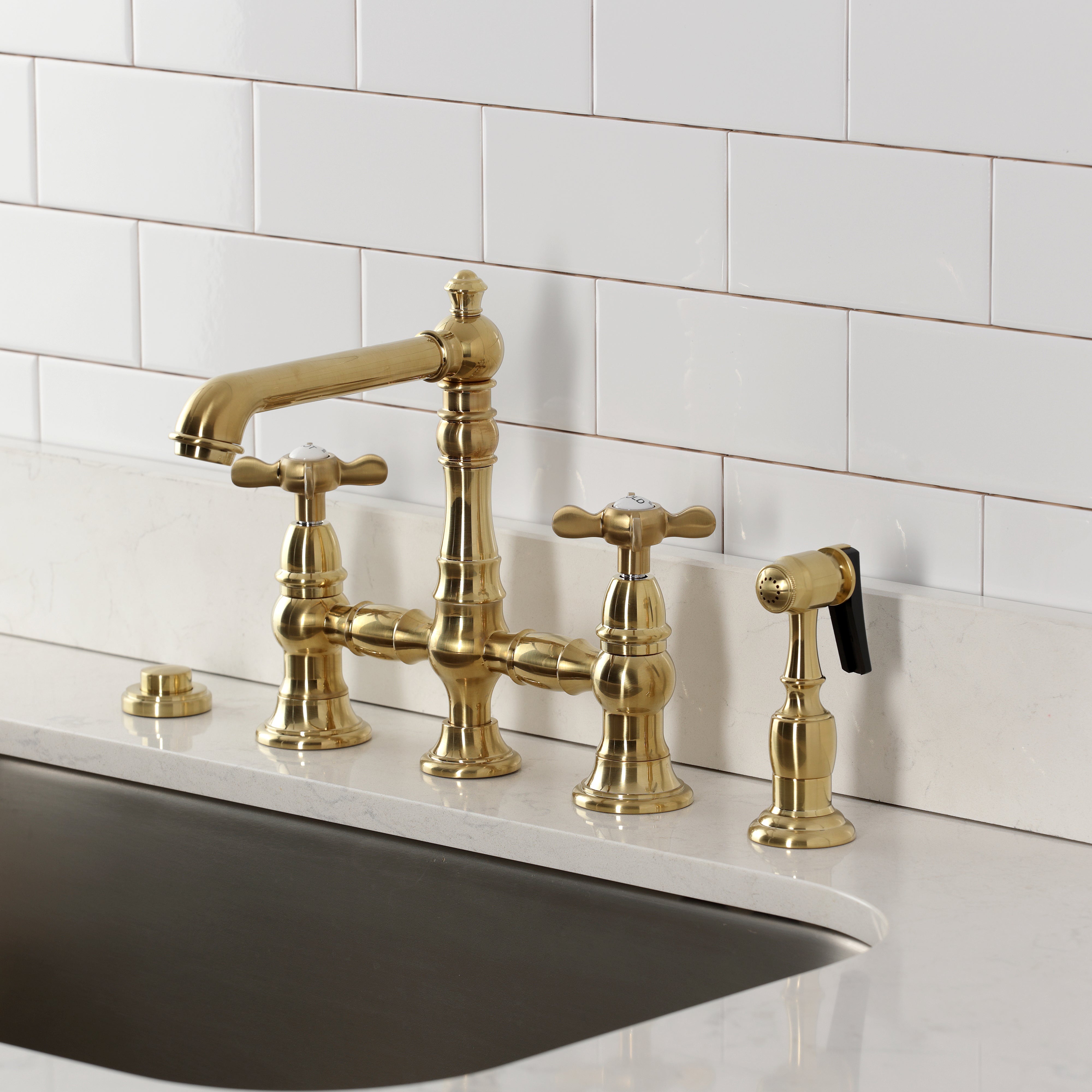 Kingston KS7277BEXBS Essex Bridge Kitchen Faucet with Brass Sprayer, Brushed Brass