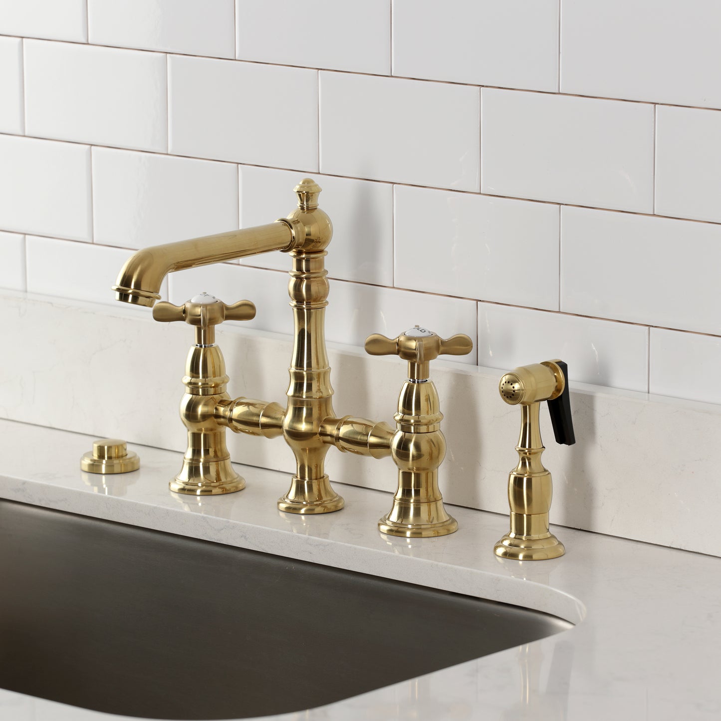 Kingston KS7277BEXBS Essex Bridge Kitchen Faucet with Brass Sprayer, Brushed Brass
