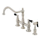 Kingston KS3277PKLBS Duchess Bridge Kitchen Faucet with Brass Sprayer, Brushed Brass design featuring polished nickel finish and black porcelain handles.
