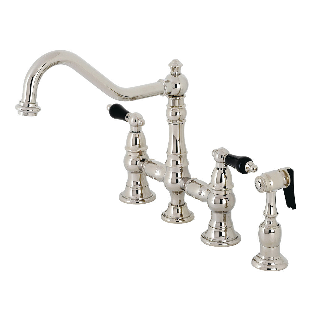 Kingston KS3277PKLBS Duchess Bridge Kitchen Faucet with Brass Sprayer, Brushed Brass design featuring polished nickel finish and black porcelain handles.