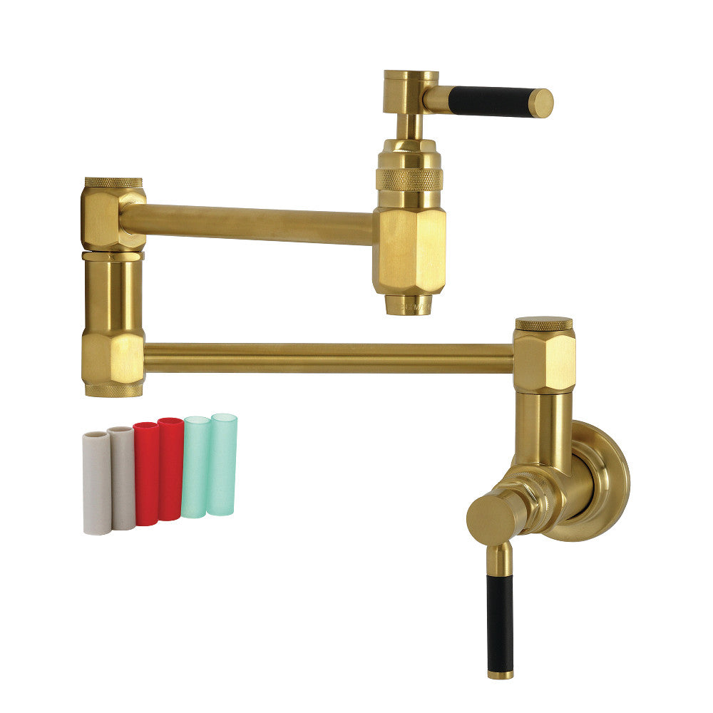 Kingston Brass KS5107DKL Kaiser Wall Mount Pot Filler Faucet, Brushed Brass with colorful neoprene inserts
