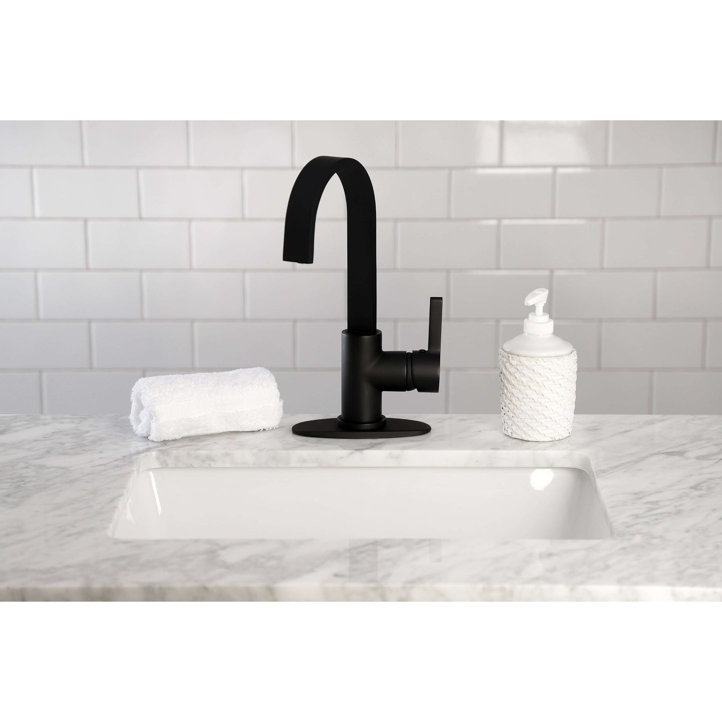 Kingston Brass LS8613CTL Continental Single-Handle Bar Faucet showcasing a high-arc spout on a marble countertop.