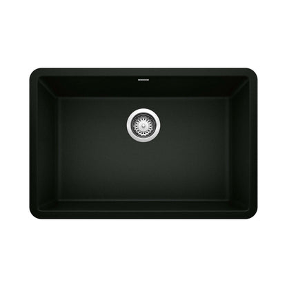 BLANCO PRECIS 27" SILGRANIT Single Bowl Undermount Sink in black finish with polished drain.